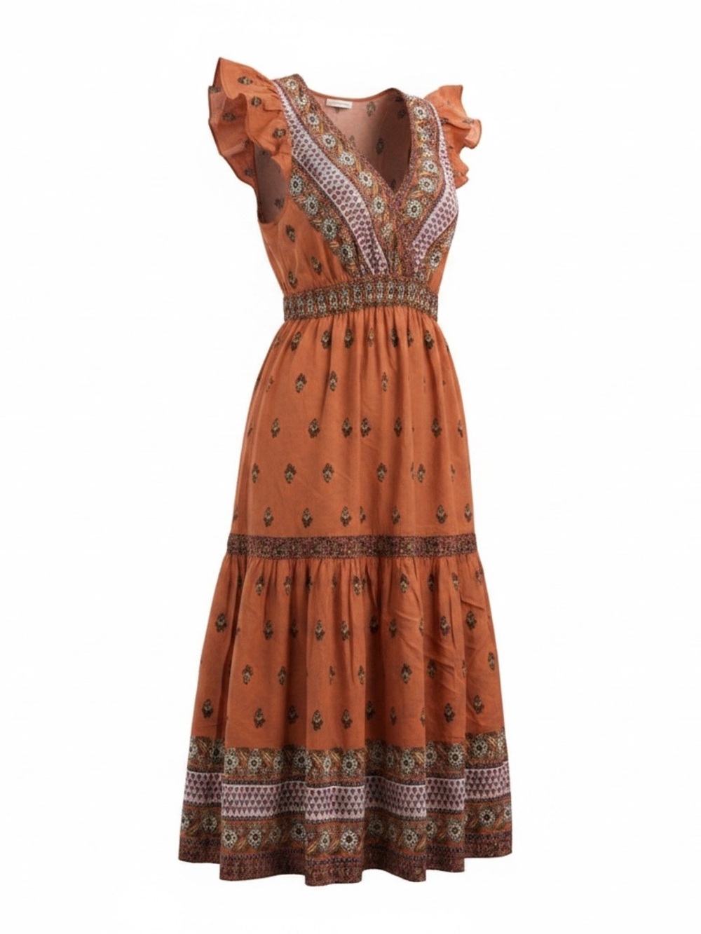 Ces Femme Burnt Orange Maxi Dress with Floral Border - Picture 2 of 9